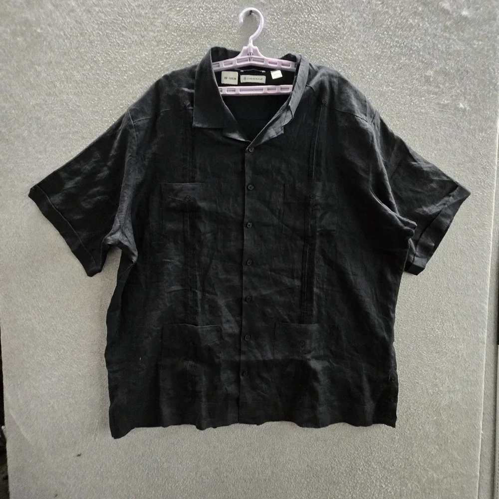 Cubavera Men Button Up Shirt 3XLT Black Linen Guayabera Short Sleeve